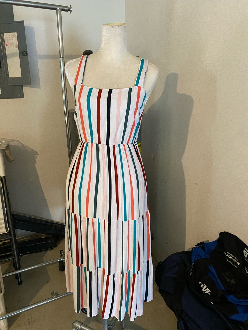 Ces Femme Striped White Midi Dress with Teal, Coral & Black